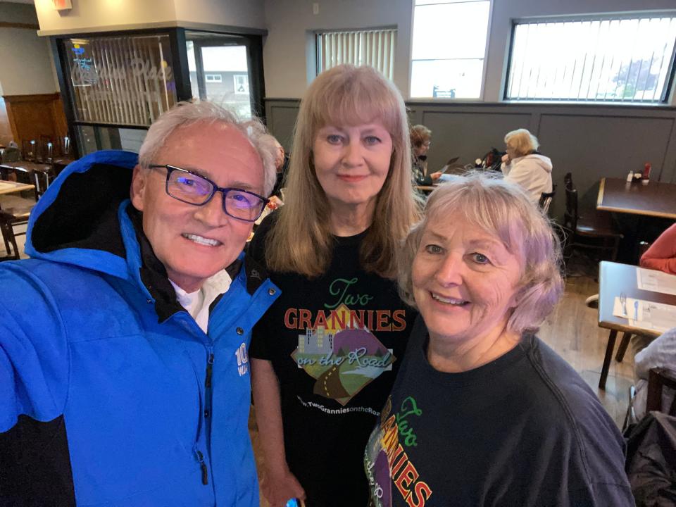 NBC10's R.J. Heim, left, poses with the 'Two grannies on the Road' Louisa Clerici, center, Beth Soblioff, right, while they visit Acushnet for their television series on Thursday.