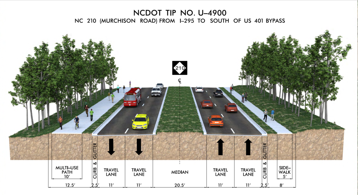 The Murchison Road improvement project will feature a center median with two lanes of traffic on either side, sidewalks, curb and gutters and a multi-use path.