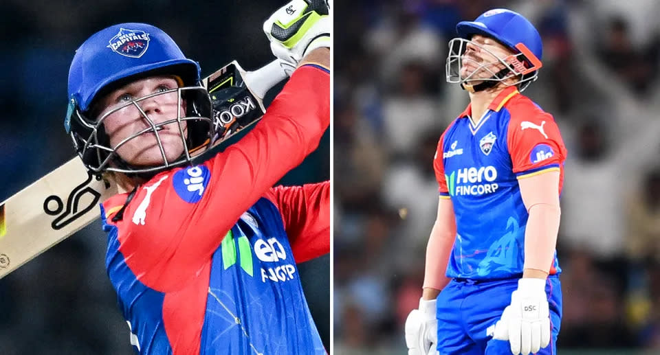 Pictured left to right is Jake Fraser-McGurk and Delhi Capitals teammate David Warner.