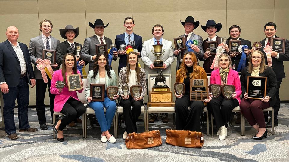 Celebrating West Texas A&M University's first-ever national championship in meat judging are, front from left, Dr. Loni Lucherk, coach and Gordon W. Davis Chair in Meat Judging; Madison Colvin, Megan Miller, Mikayla Hudnall, Payton Ownbey, and Coach Megan Eckhardt; and, back from left, Dr. Ty Lawrence, WT's Caviness Davis Distinguished Chair in Meat Science; Coach Will Boyd, Elijah Mathis, Parker Franz, Ryan Heitschmidt, Bryce Hutson, Caleb Olfers, Colt Edrington, Noah Harrell and Juan-Carlos Buentello.