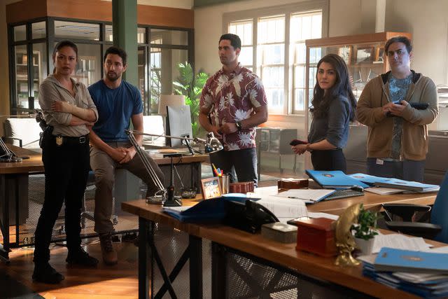 <p>Karen Neal/CBS</p> (L-R) Vanessa Lachey, Noah Mills, Alex Tarrant, Yasmine Al-Bustami, and Jason Antoon on 'NCIS: Hawaii'.