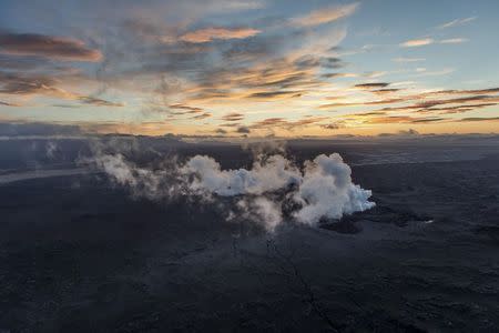 REFILE - CAPTION CLARIFICATION - Steam and smoke rise over a 1-km-long fissure in a lava field north of the Vatnajokull glacier, which covers part of Bardarbunga volcano system, August 29, 2014. REUTERS/Marco Nescher