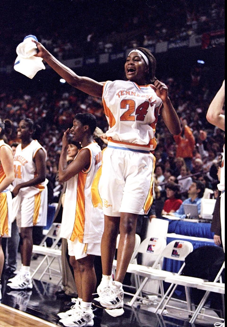 Tamika Catchings of the Tennessee Volunteers celebrates during a game against the Louisiana Tech Bulldogs at the Kemper Arena in Kansas City, Missouri on March 29, 1998.  Tennessee won the game, 93-75.