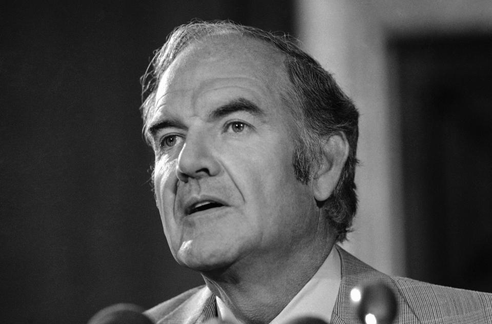 Sen. George McGovern speaks at a news conference in 1975.