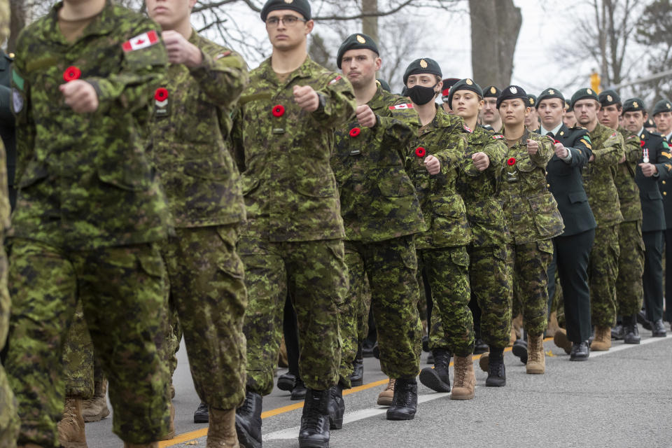 <p>Soldiers arrive for service during the Remembrance Day ceremony in Kingston, Ont., Friday, Nov. 11, 2022. THE CANADIAN PRESS/Lars Hagberg</p> 