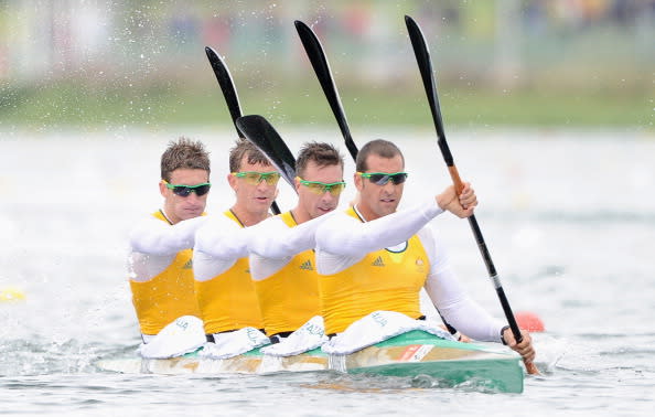 WINDSOR, ENGLAND - AUGUST 07: Tate Smith, Dave Smith, Murray Stewart and Jacob Clear of Australia compete during the Men's Kayak Four (K4) 1000m Canoe Sprint Heats on Day 11 of the London 2012 Olympic Games at Eton Dorney on August 7, 2012 in Windsor, England. (Photo by Harry How/Getty Images)