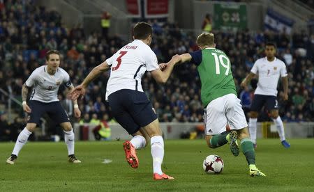 Football Soccer - Northern Ireland v Norway - 2018 World Cup Qualifying European Zone - Group C - Windsor Park, Belfast, Northern Ireland - 26/3/17 Northern Ireland's Jamie Ward scores their first goal Reuters / Clodagh Kilcoyne Livepic