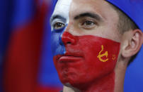 <p>Russian fan waits the quarterfinal match to kick off </p>