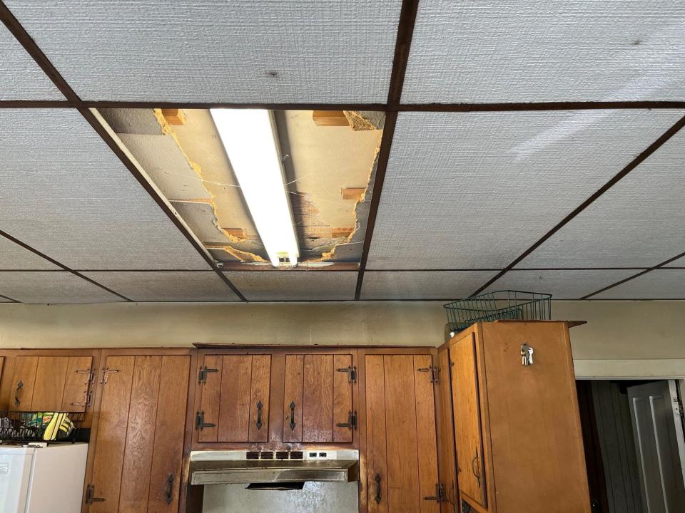 A problem with the kitchen ceiling in the mid-19th century farmhouse on the Sprague Ranch in Brookfield that will be renovated with a loan from the Vermont Farmworker Housing Repair Loan Program, as seen on May 12, 2023.