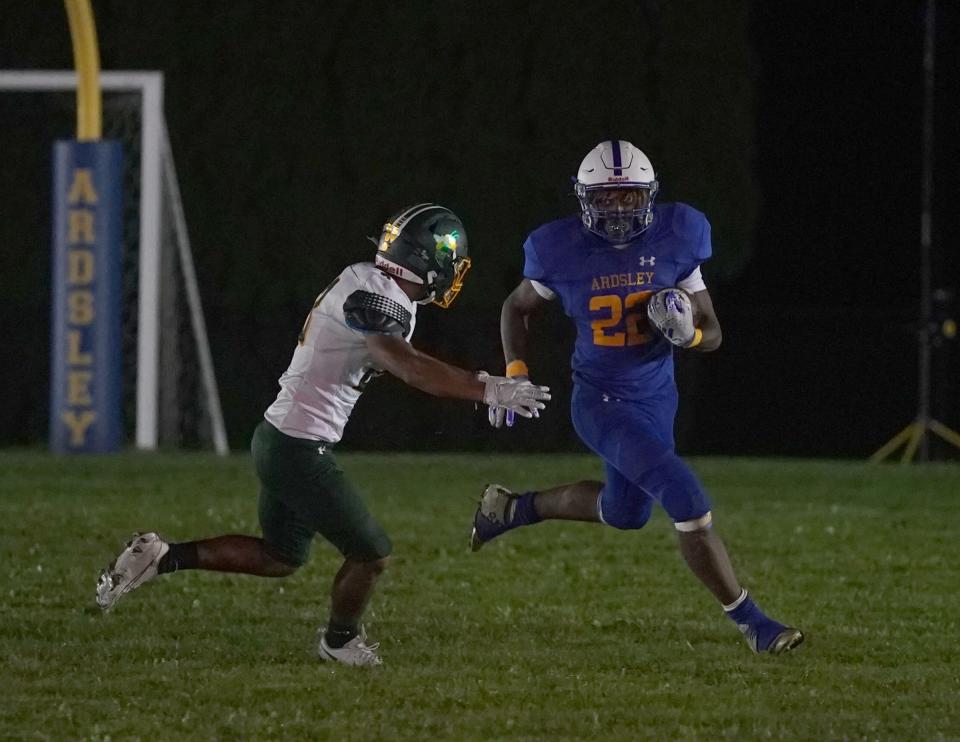 Ardsley's Ahmady Dolcine (22) with the carry during their 22-6 win over Lakeland in football action at Ardsley High School on Friday, October 6, 2023.