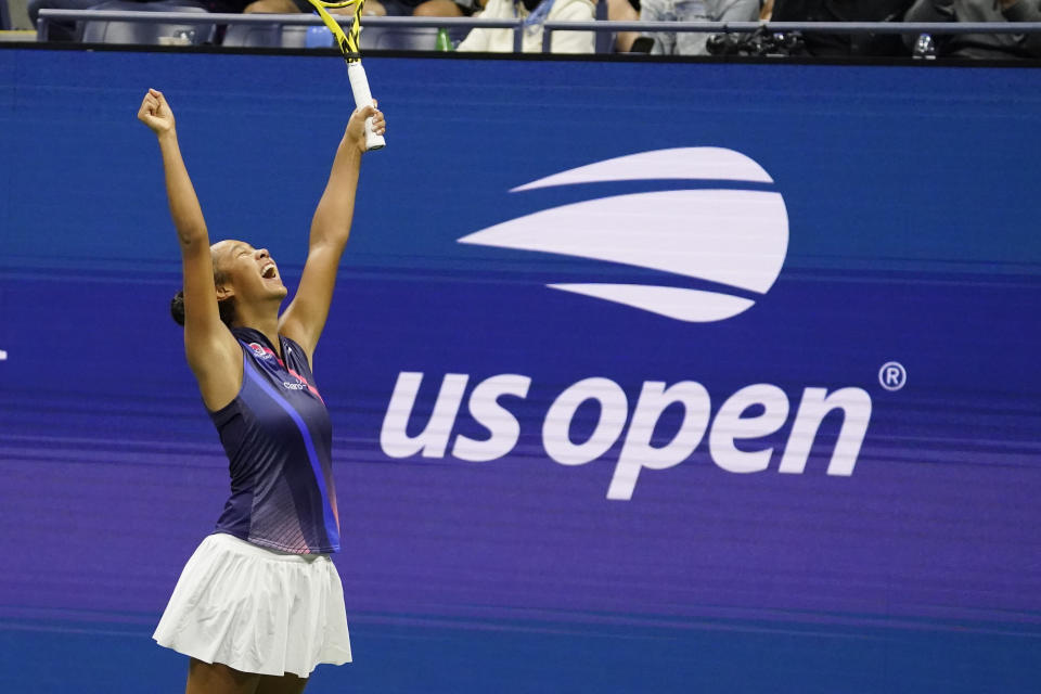 Leylah Fernandez, of Canada, reacts after defeating Naomi Osaka, of Japan, during the third round of the US Open tennis championships, Friday, Sept. 3, 2021, in New York. (AP Photo/John Minchillo)