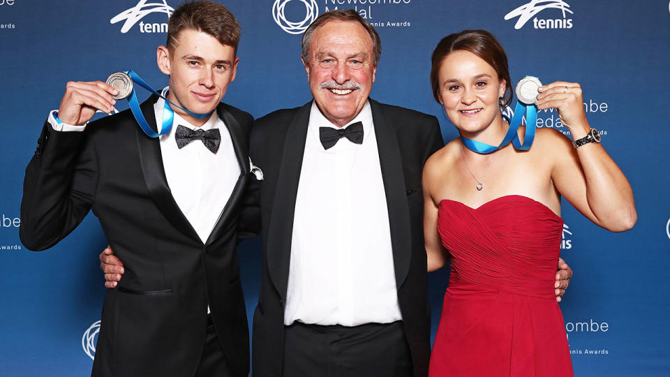 Alex de Minaur and Ash Barty, pictured here with John Newcombe after winning the gong in 2018.