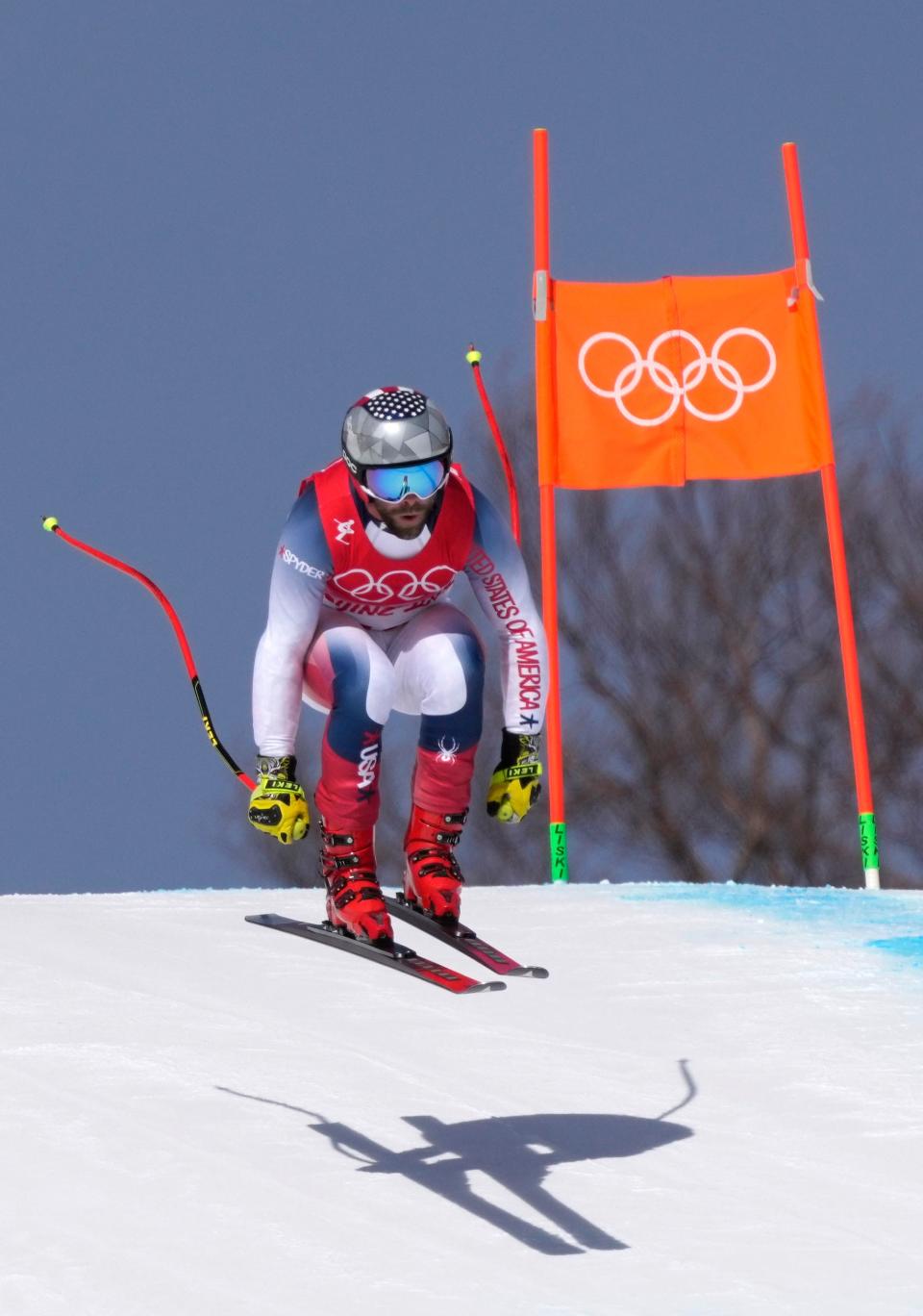 Travis Ganong (USA) in the men's downhill alpine skiing race during the Beijing 2022 Olympic Winter Games at Yanqing Alpine Skiing Centre, Feb. 7, 2022.