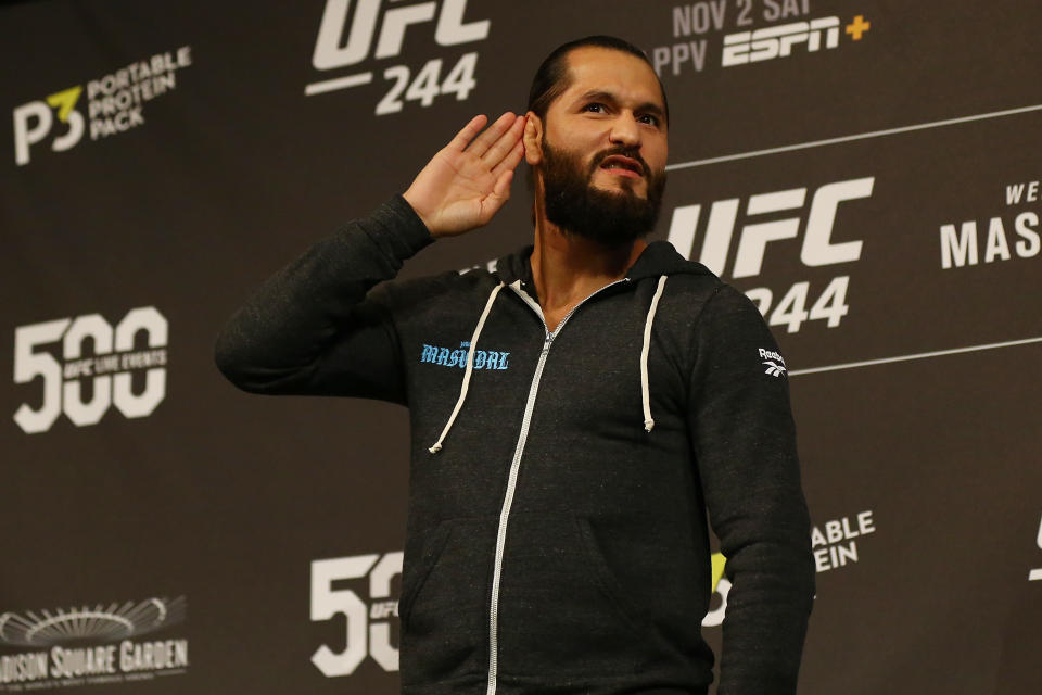 NEW YORK, NEW YORK - OCTOBER 30:  UFC fighter Jorge Masvidal reacts to the crowd during open workouts for UFC 244 at The Hulu Theater at Madison Square Garden on October 30, 2019 in New York City. (Photo by Mike Stobe/Zuffa LLC)