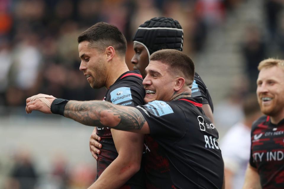 At the double: Sean Maitland helped guide Saracens into another Premiership final at Northampton’s expense on Saturday  (Getty Images)