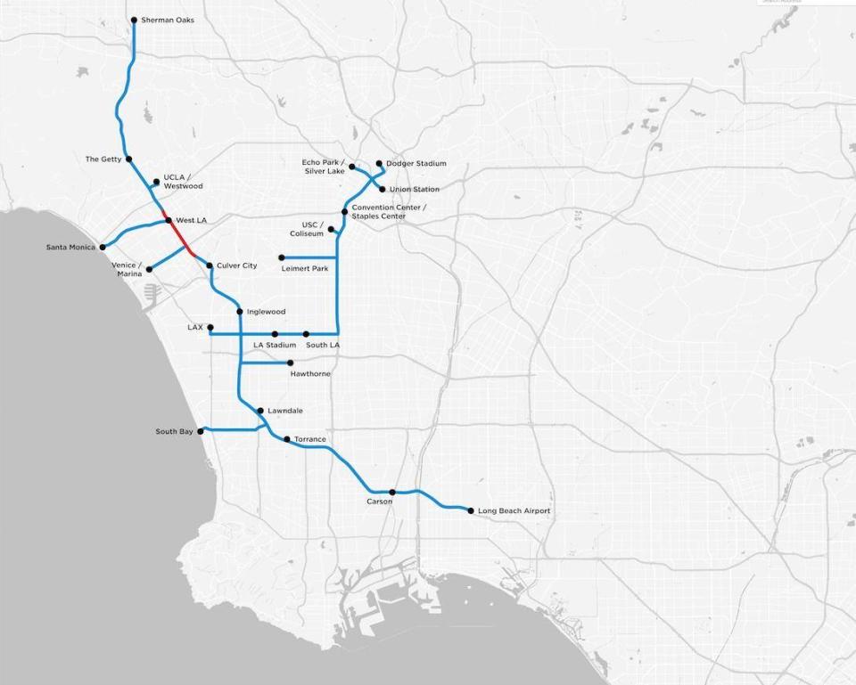 A map displaying proposed routes for the first tunnel network under Los Angeles built by The Boring Company. (The Boring Company)