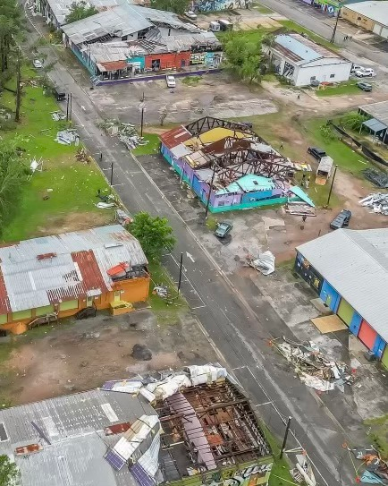 Railroad Square aerial view shows the extensive damage after the storm on May 10, 2024.