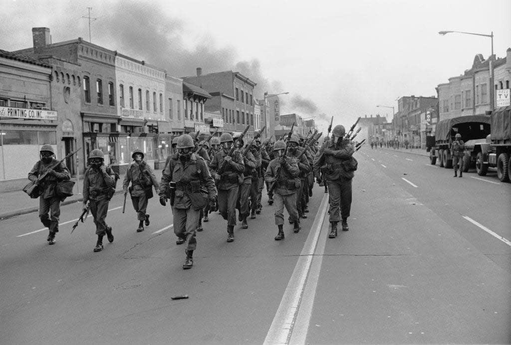 The army are called out to deal with riots in Washington, DC, following the assassination of civil rights activist Martin Luther King Jr., April 1968. (Photo by Michael Ochs Archives/Getty Images)