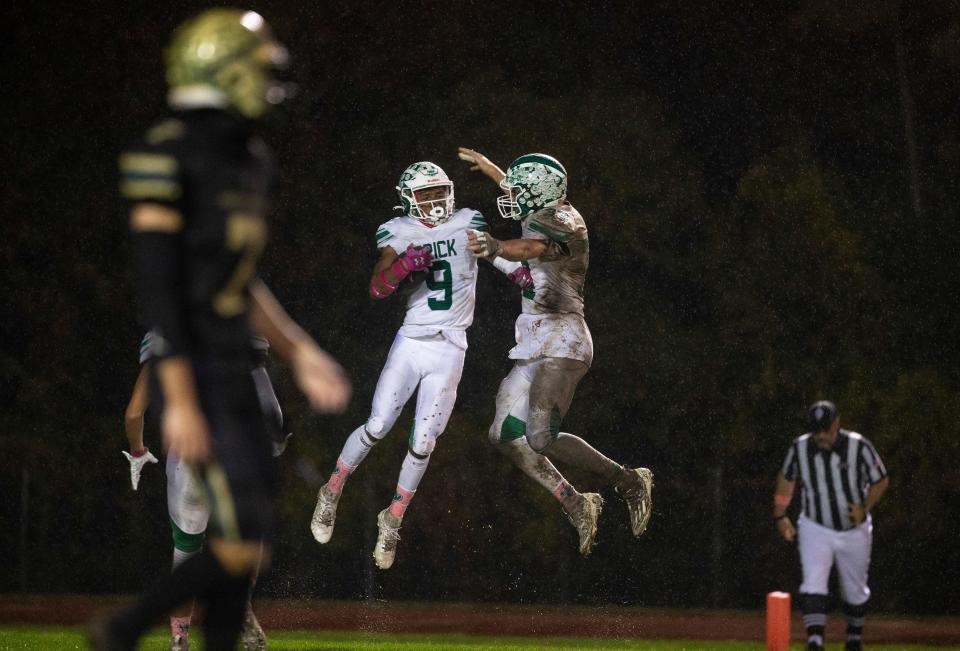 Brick’s Germaine Rice (9) celebrates with Jacob Toye after scoring a touchdown. Brick at Brick Memorial football. 
Brick, NJ
Friday, October 20, 2023