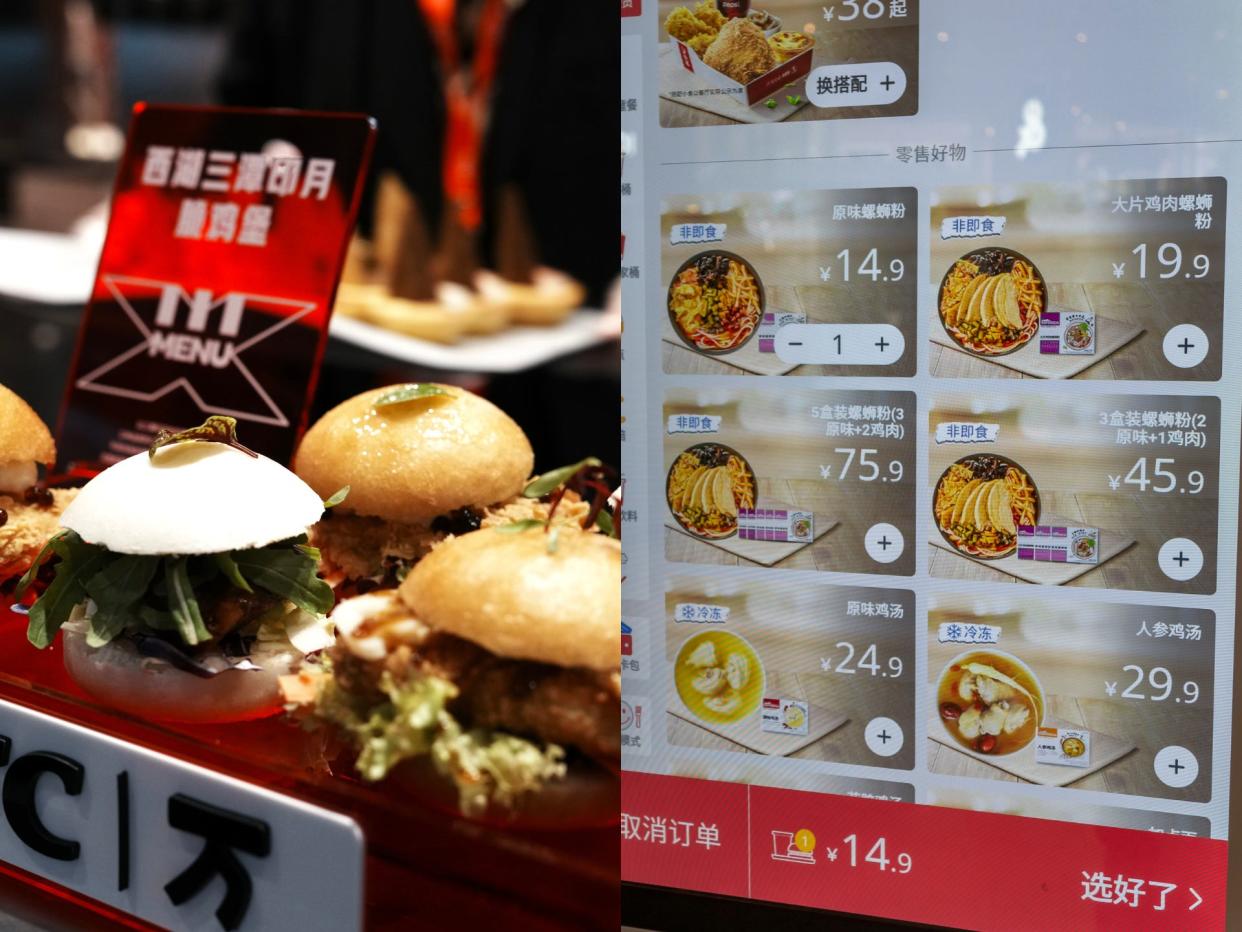 Six KFC sliders rest on a display counter, six types of noodles and soups are displayed on an order screen at a FKC>