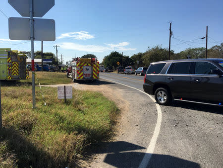 REFILE - ADDING DISCLAIMER Fire trucks are seen near the First Baptist Church in Sutherland Springs, Texas, U.S., November 5, 2017, in this picture obtained via social media. MAX MASSEY/ KSAT 12/via REUTERS