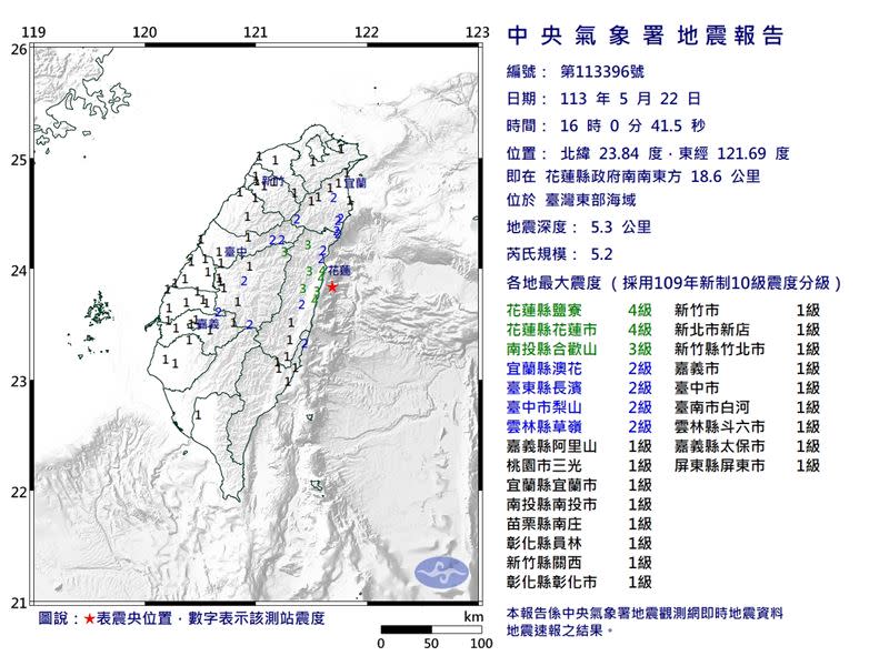 今日下午16:00發生規模5.2地震。（圖／氣象署）