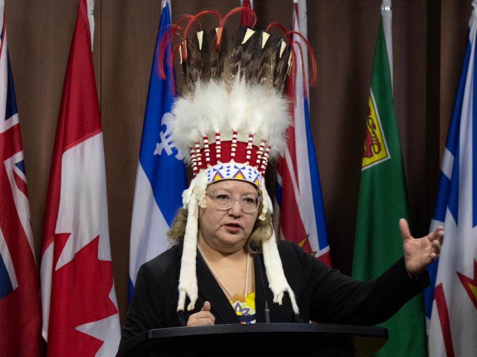 National Chief of the Assembly of First Nations Cindy Woodhouse Nepinak during a news conference in Ottawa. She says Air Canada staff forced her to hand over a case containing her headdress before the departure of a flight Wednesday. (Adrian Wyld/The Canadian Press - image credit)