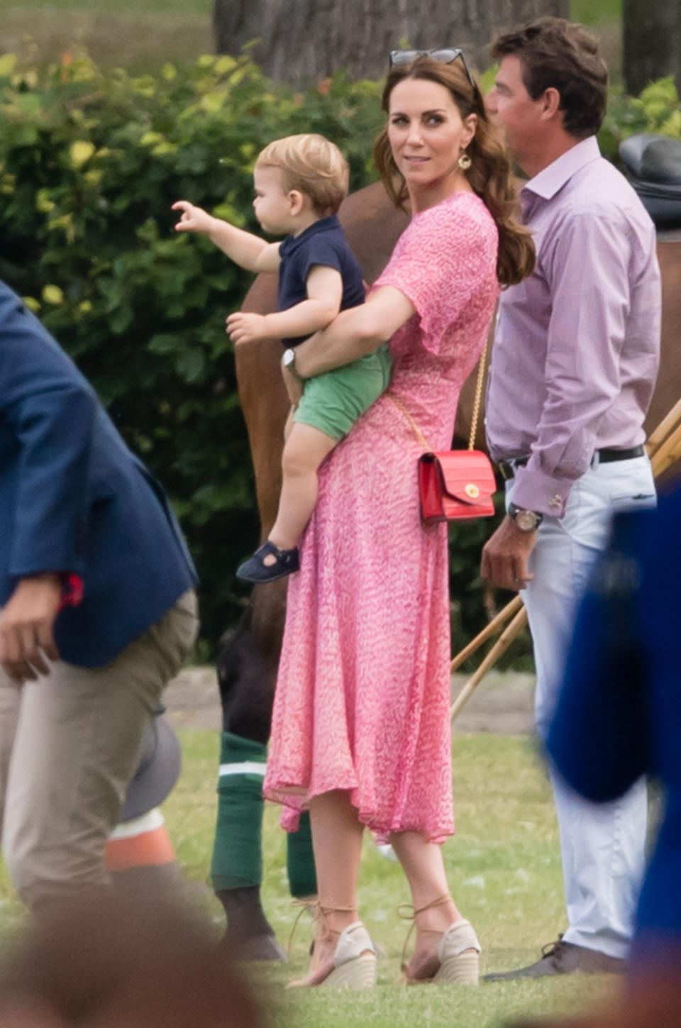 WOKINGHAM, ENGLAND - JULY 10: Catherine, Duchess of Cambridge and Prince Louis attend The King Power Royal Charity Polo Day at Billingbear Polo Club on July 10, 2019 in Wokingham, England. (Photo by Samir Hussein/WireImage)