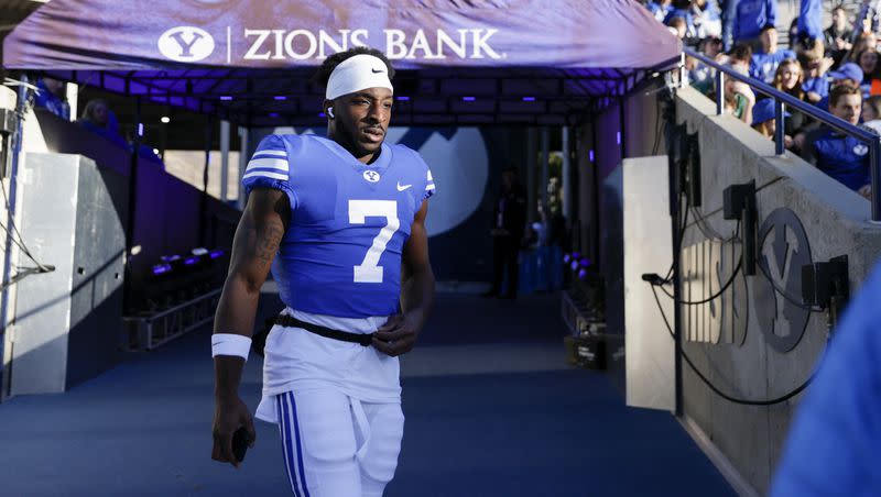 BYU’s George Udo walks on to the field for warmups before playing the East Carolinas Pirates in a NCAA college football game Friday, Oct. 28, 2022, in Provo.