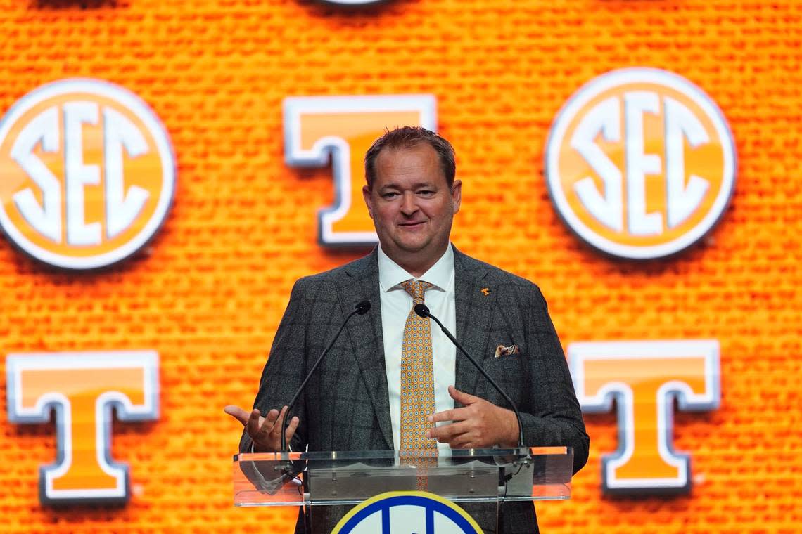 Tennessee head coach Josh Heupel speaks during SEC Media Days on Thursday. Heupel led the Volunteers to a 7-6 record in his first season in Knoxville last year.