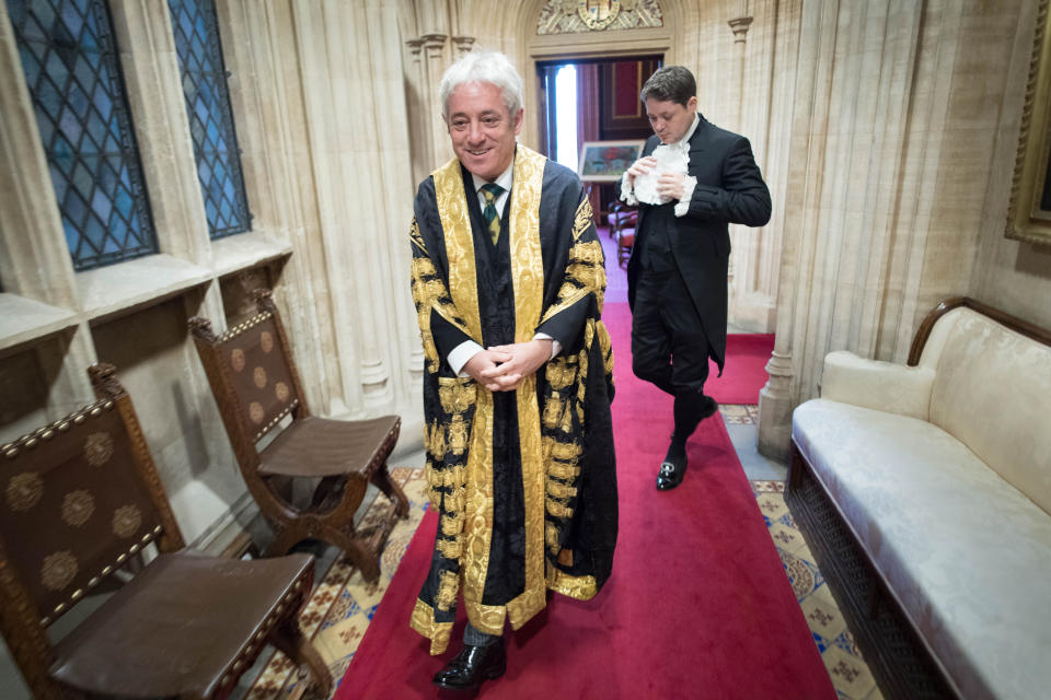 EMBARGOED TO 0001 THURSDAY OCTOBER 31 Previously unissued photo dated 14/10/19 of Speaker of the House of Commons, John Bercow preparing for the Queen's Speech before processing through the Palace of Westminster to the House of Lords. The Speaker has served ten years and intends to stand down before the next election.