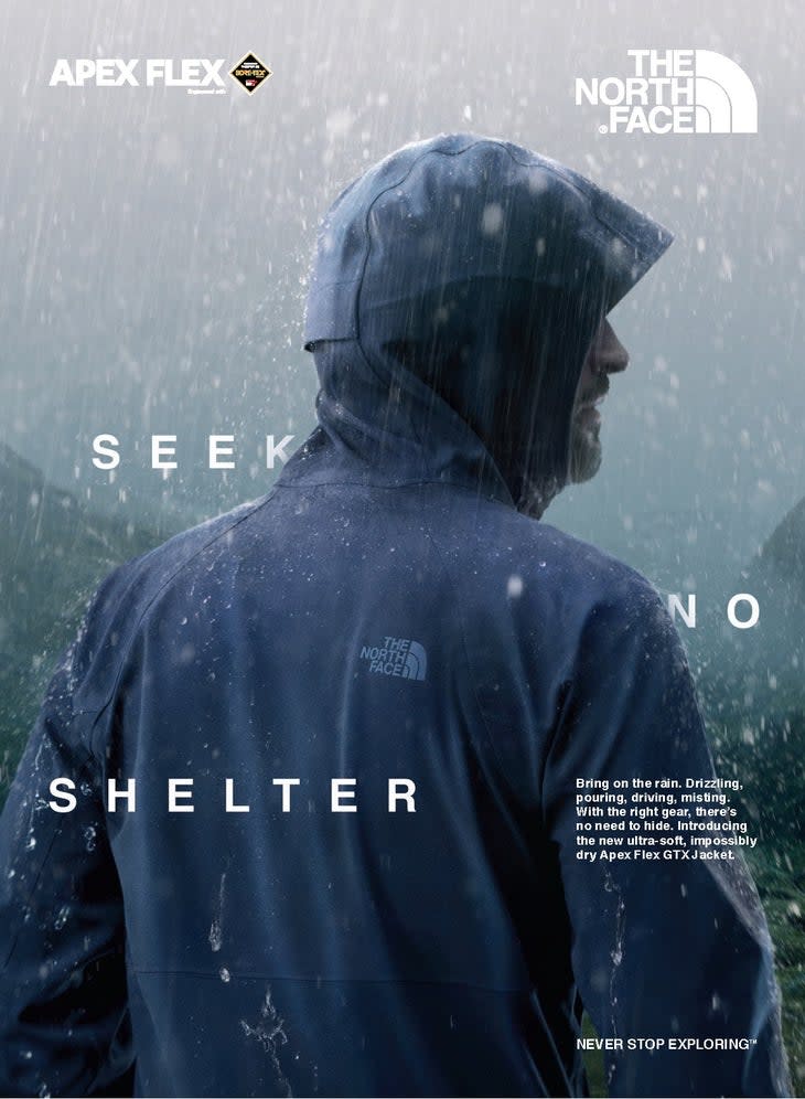 An ad from The North Face for the Apex Flex GTX jacket, whose launch coincided with a North Face / Spotify partnership -- the release of a special song only available in rainy weather.