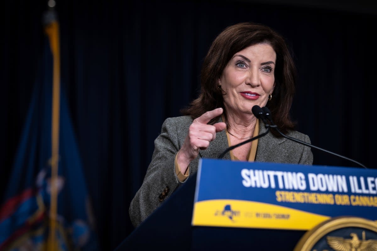 New York Governor Kathy Hochul speaks at a press conference regarding the proliferation of illegal cannabis stores in February   (Copyright 2024. The Associated Press. All Rights Reserved.)