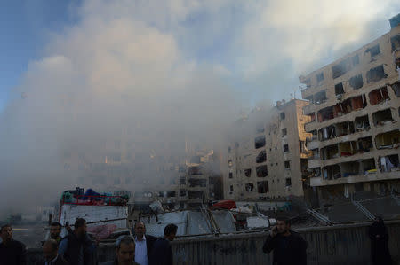 Smoke rises from a street following a blast in Diyarbakir, Turkey, November 4, 2016. Ihlas News Agency via REUTERS