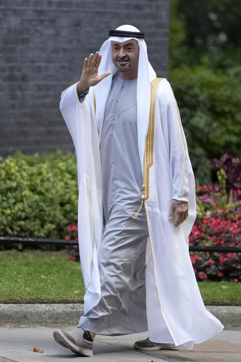 FILE - Sheikh Mohammed bin Zayed Al Nahyan, then Crown Prince of the Emirate of Abu Dhabi, arrives to meet Britain's Prime Minister Boris Johnson at 10 Downing Street in London, Sept. 16, 2021. Al Nahyan the newly appointed president has been receiving condolence visits from the world's elite for days now in Abu Dhabi. MbZ as he’s known has taken on a major influence in the wider Middle East, whether through his longtime relationship with the U.S. military, his opposition to Islamists and his autocratic country’s new ties with Israel. (AP Photo/Frank Augstein, File)