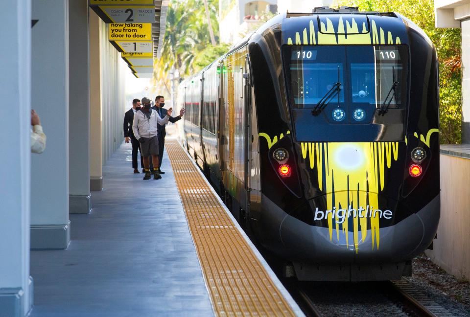 A northbound train arrives at the Brightline station in downtown West Palm Beach as the passenger service resumed between Miami and West Palm Beach Monday, November 8, 2021 after it was suspended in March 2020 because of the pandemic.