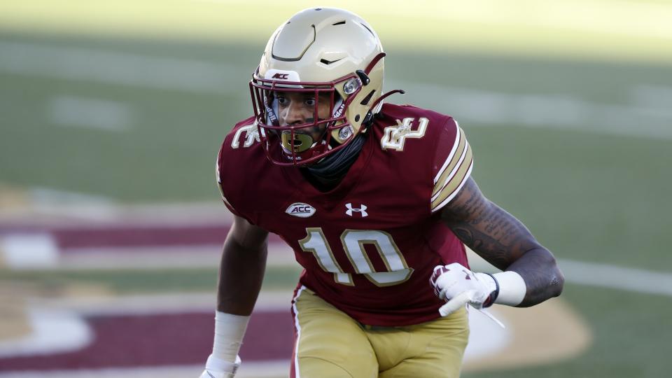 Boston College defensive back Brandon Sebastian plays against North Carolina during the first half of an NCAA college football game, Saturday, Oct. 3, 2020, in Boston. (AP Photo/Michael Dwyer)