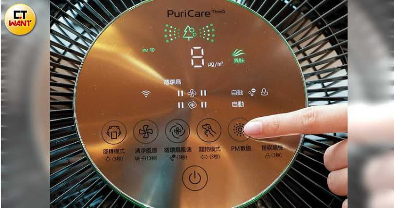 圓形面板上有綠、黃、橘、紅等4種顏色燈號顯示空氣品質，下方則是6大觸控功能鍵，按下「PM數值」鍵，可切換顯示PM1.0、PM2.5和PM10等3種濃度數值。（圖／馬景平攝）