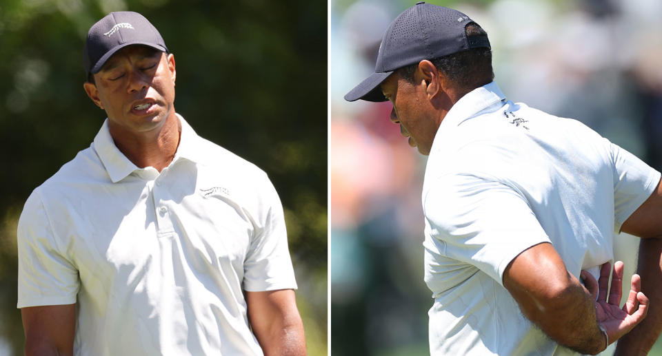 Tiger Woods waz in visible pain after struggling through his third round at the Masters. Pic: Getty