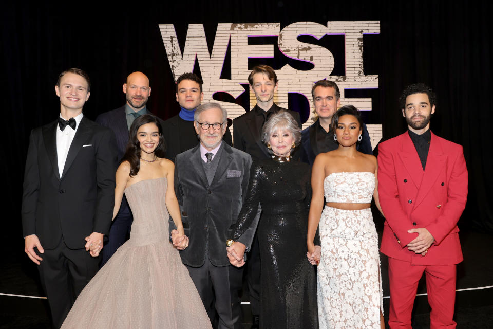 NEW YORK, NEW YORK - NOVEMBER 29: (L-R) Ansel Elgort, Corey Stoll, Rachel Zegler, Josh Andres Rivera, Steven Spielberg, Mike Faist, Rita Moreno, Brian d'Arcy James, Ariana DeBose, and David Alvarez attend the New York premiere of West Side Story on November 29, 2021 in New York City. (Photo by Jamie McCarthy/Getty Images  for 20th Century Studios)