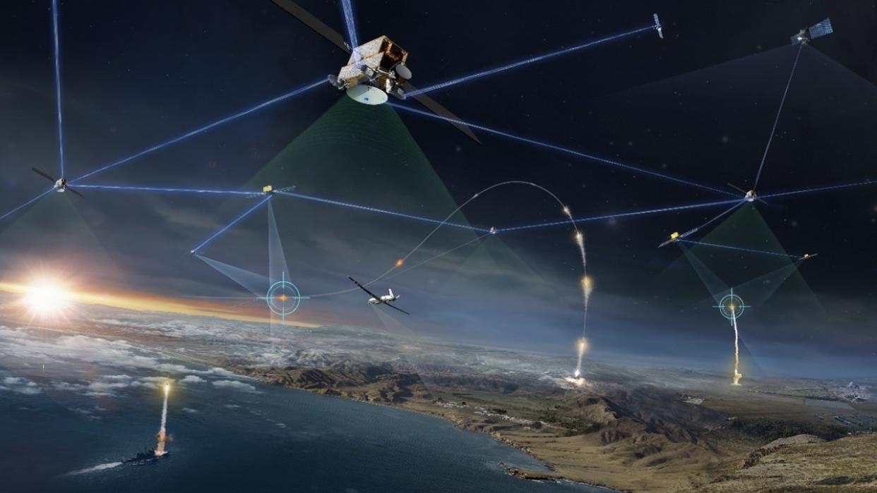  Various satellites in space are connected by blue lines that also connect to vessels on the sea below. 