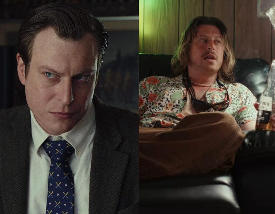 Noah Segan in a suit and tie and in a hawaiian shirt side-by-side