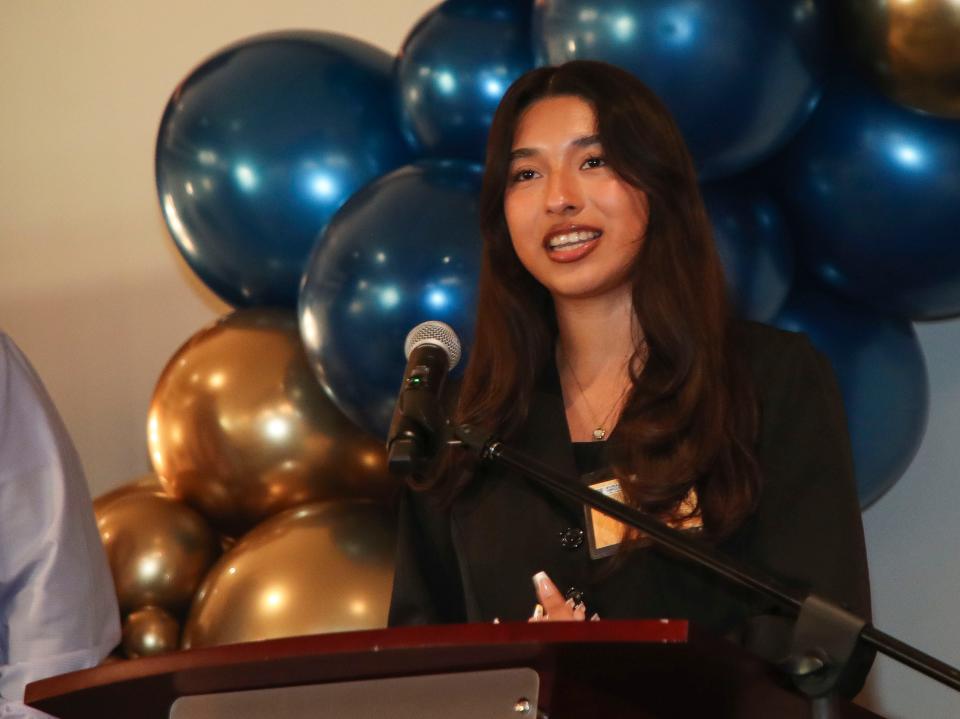 Xitlali Natividad of Shadow Hills High School speaks during a Greater Coachella Valley Student of the Year event at The Classic Club in Palm Desert on April 30, 2024.