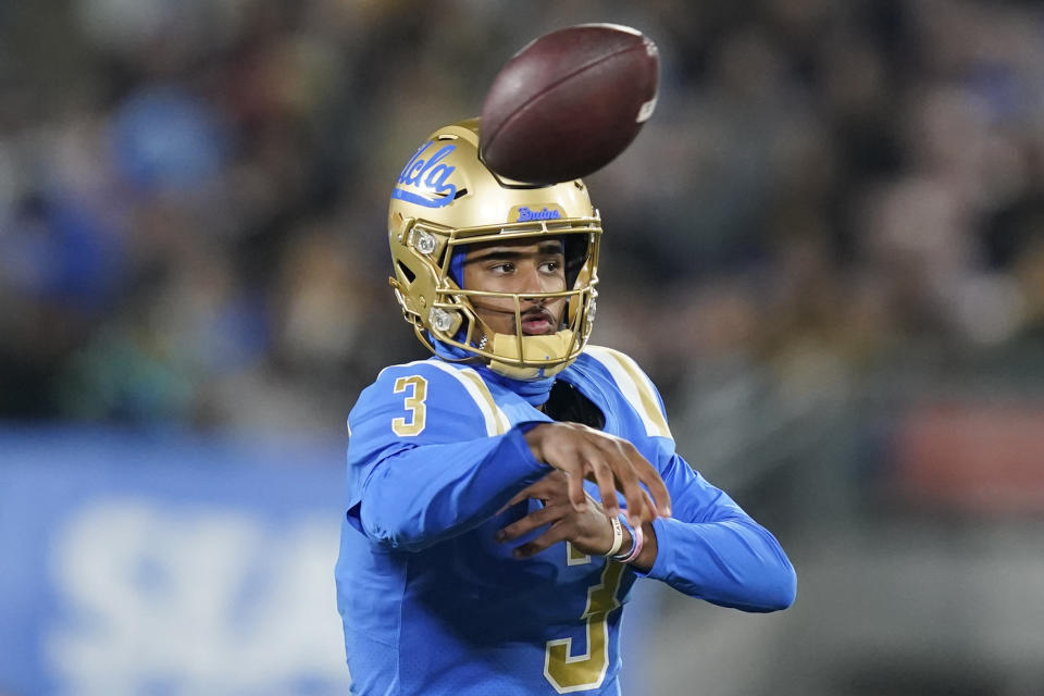 UCLA quarterback Dante Moore throws a pass against California during the first half of an NCAA college football game Saturday, Nov. 25, 2023, in Pasadena, Calif. (AP Photo/Ryan Sun)