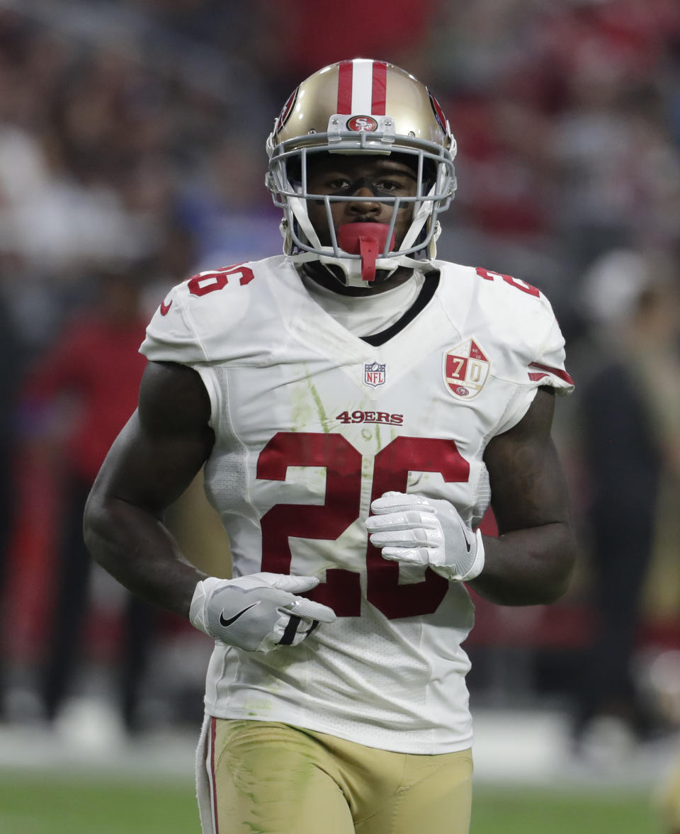 FILE - In this Nov. 13, 2016, file photo, San Francisco 49ers cornerback Tramaine Brock pauses during an NFL football game against the Arizona Cardinals in Glendale, Ariz. Police reported Friday, April 7, 2017, that Brock was arrested in Santa Clara, Calif., Thursday night after being accused of hitting a woman he was dating. (AP Photo/Rick Scuteri, File)