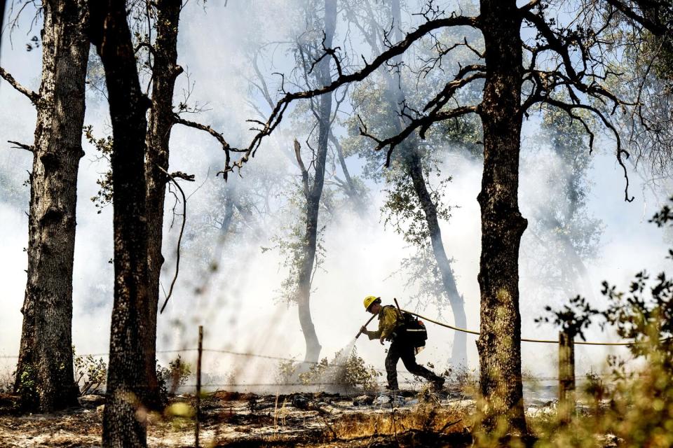 A firefighter extinguishes hotspots while battling the French Fire in