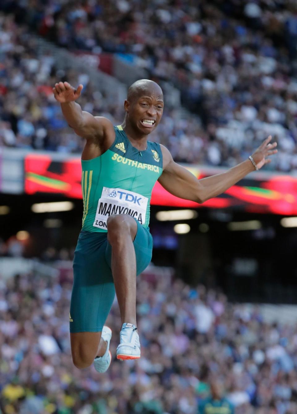 Manyonga on his way to winning the gold medal at the World Championships in London last year (Getty Images)