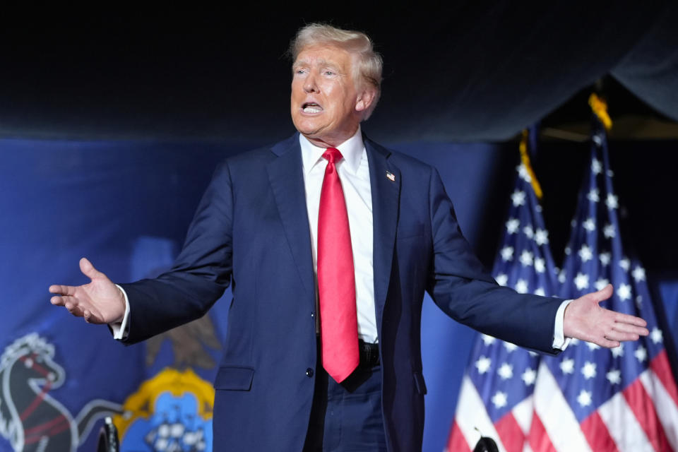 FILE - Republican presidential candidate former President Donald Trump arrives to speak at a campaign rally, July 31, 2024, in Harrisburg, Pa. Trump's false attacks on Vice President Kamala Harris' Black identity have worried top Republicans that Trump may lose a campaign they still see as favorable for him. They say he should focus solely on the economy and immigration. (AP Photo/Alex Brandon, File)