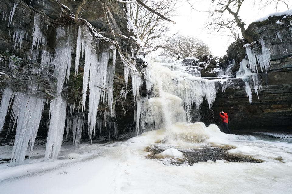 Icicles at Summerhill Force and Gibson's Cave in Teesdale after temperatures plunged to below minus 22C overnight, the lowest in the UK in more than two decades. Picture date: Thursday February 11, 2021.