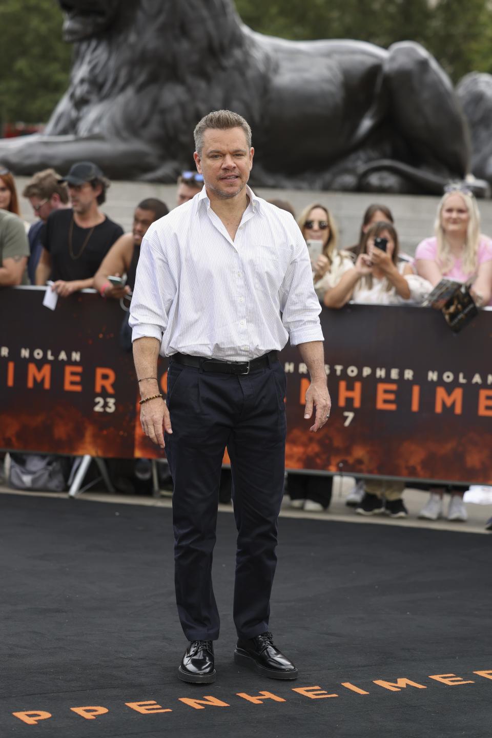 Matt Damon poses for photographers at the photo call for the film 'Oppenheimer' on Wednesday, July 12, 2023 in London. (Vianney Le Caer/Invision/AP)